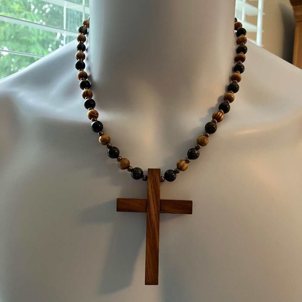 Artisan Wooden Cross  Bronzite Hematite Spacers Beaded Chain 20 in Handmade NEW